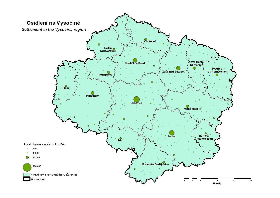 Osídlení kraje Vysočina - mapa